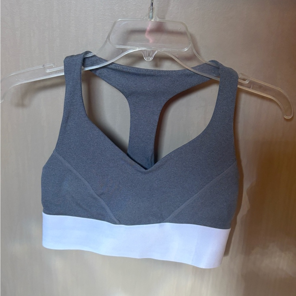 Gray and white sports bra